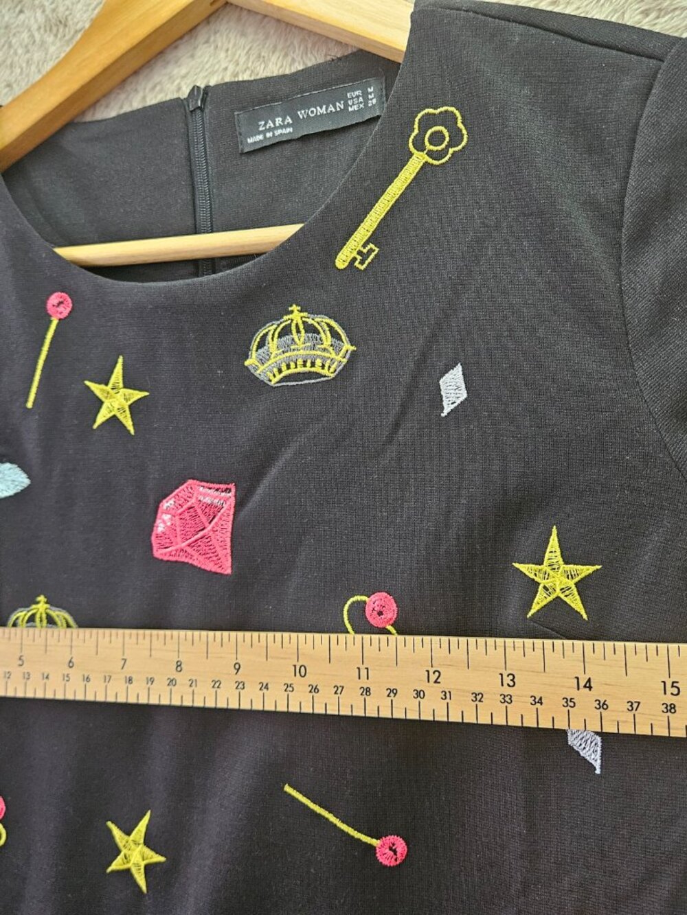 Zara Black Dress Flared Drop-Waist All Over Print Embroidered Stars Shoes Crowns - Picture 6 of 8